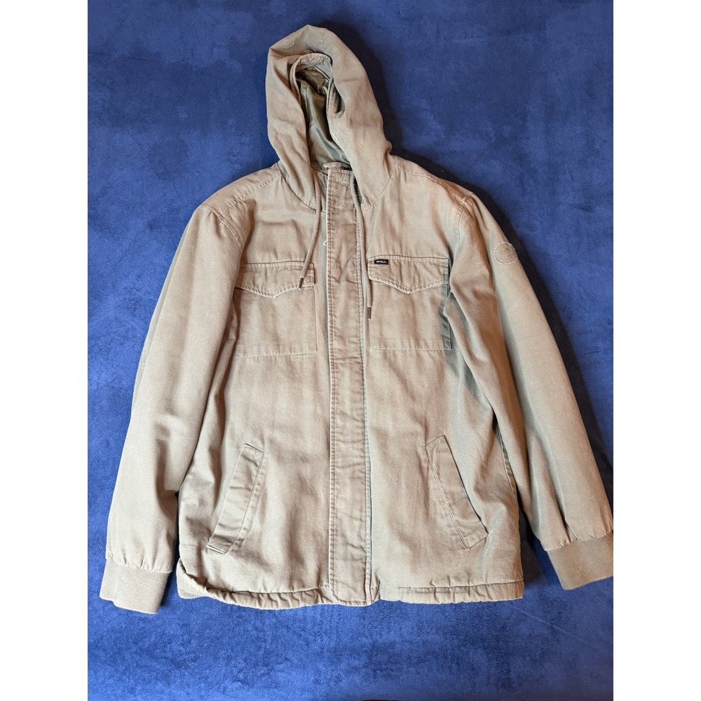 Men’s RVCA Olive Green Utility Hooded Snap Up Military Jacket Sz M